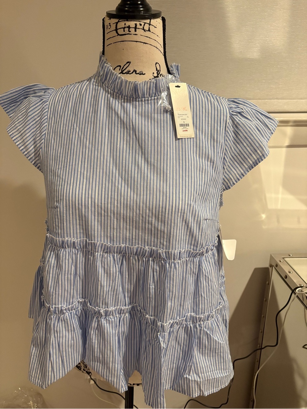 Francesca's Collections Blue and White Striped Tiered Ruffle top